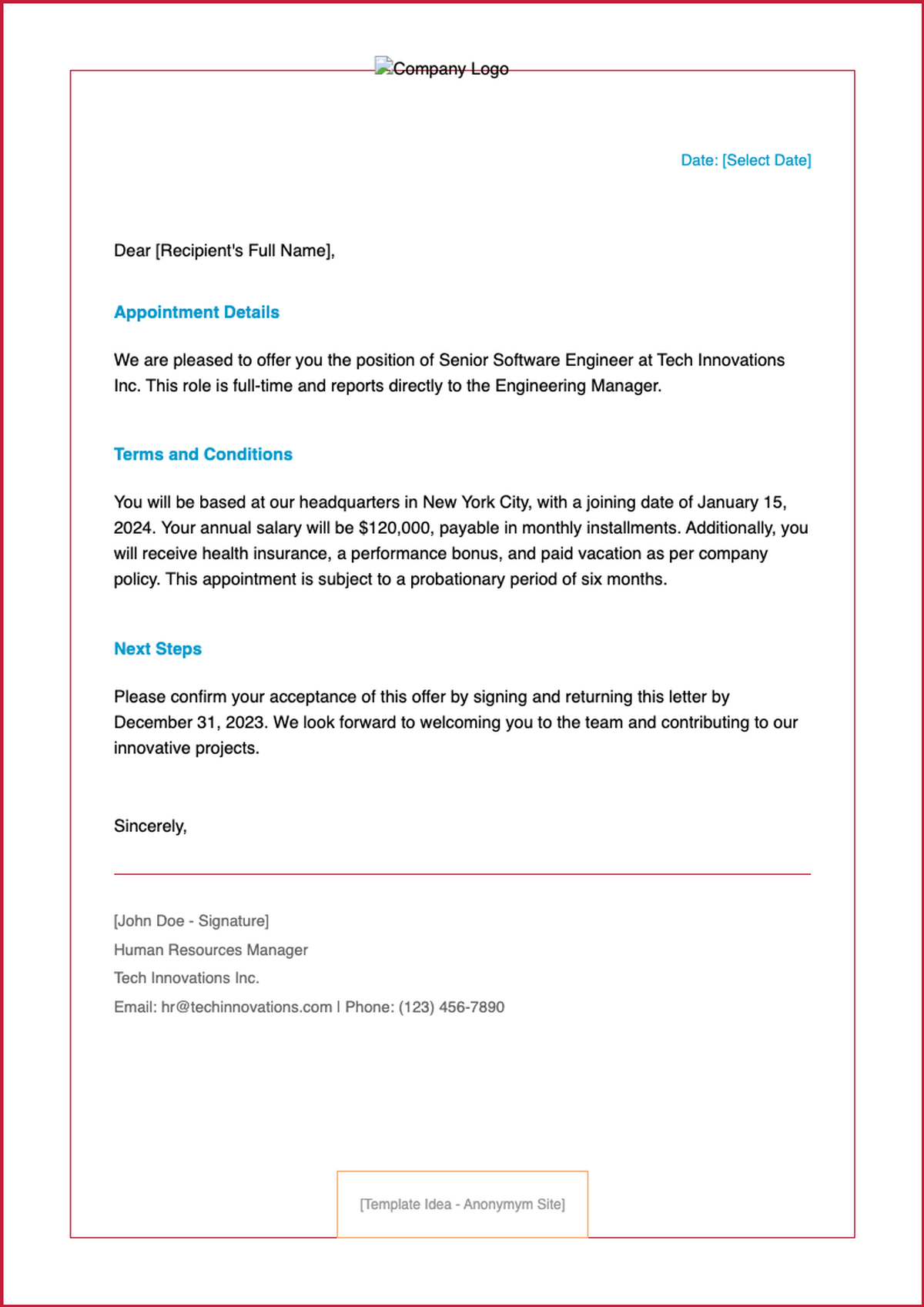 Professional job appointment letter template with placeholder instructions_variant_1